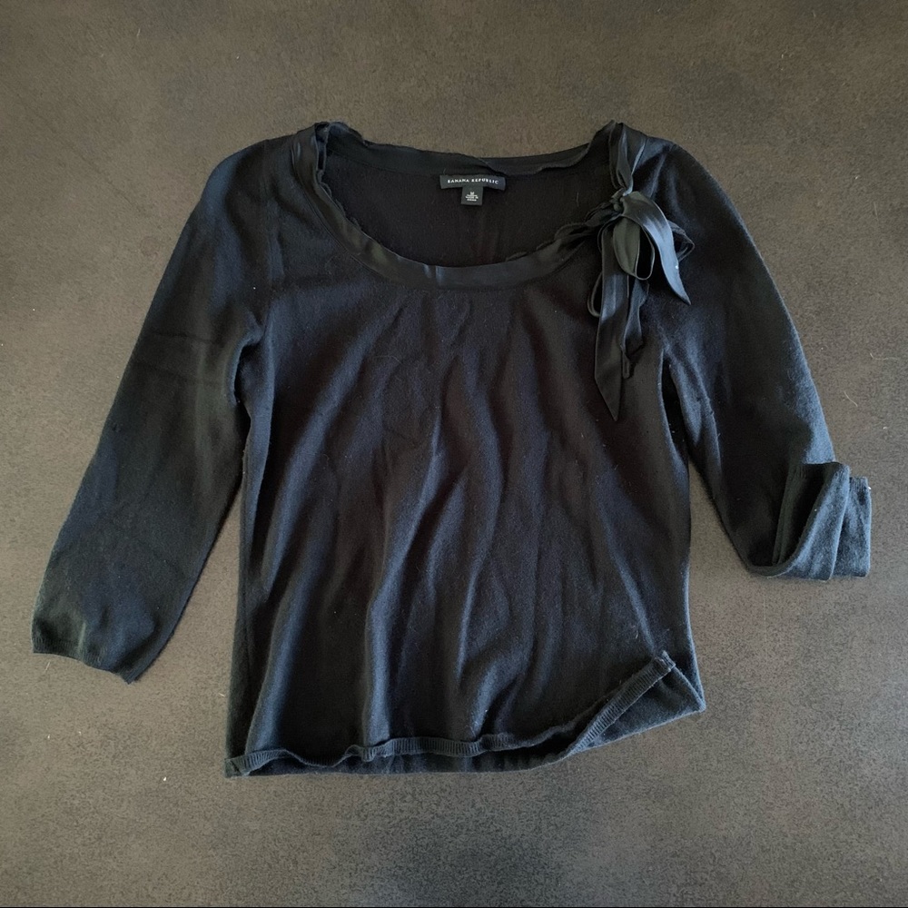 Black Wide-Neck Sweater with Ribbon Accent
